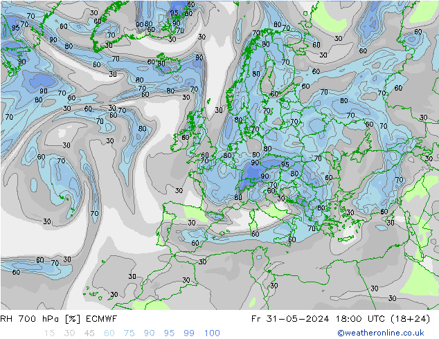 RH 700 hPa ECMWF Fr 31.05.2024 18 UTC