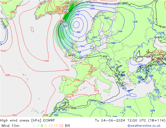 High wind areas ECMWF Út 04.06.2024 12 UTC