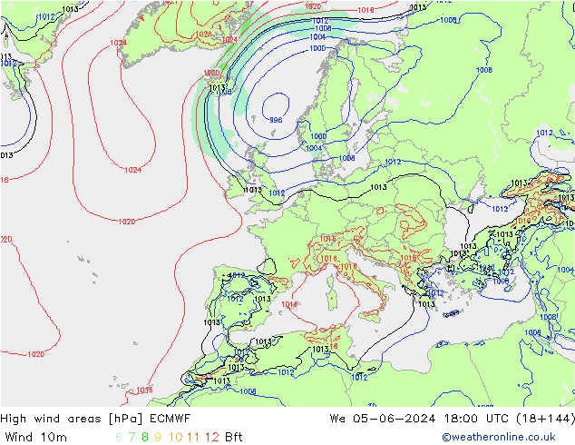 High wind areas ECMWF mié 05.06.2024 18 UTC