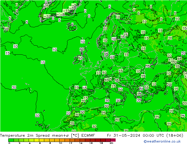 Temperature 2m Spread ECMWF Fr 31.05.2024 00 UTC