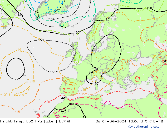 Geop./Temp. 850 hPa ECMWF sáb 01.06.2024 18 UTC