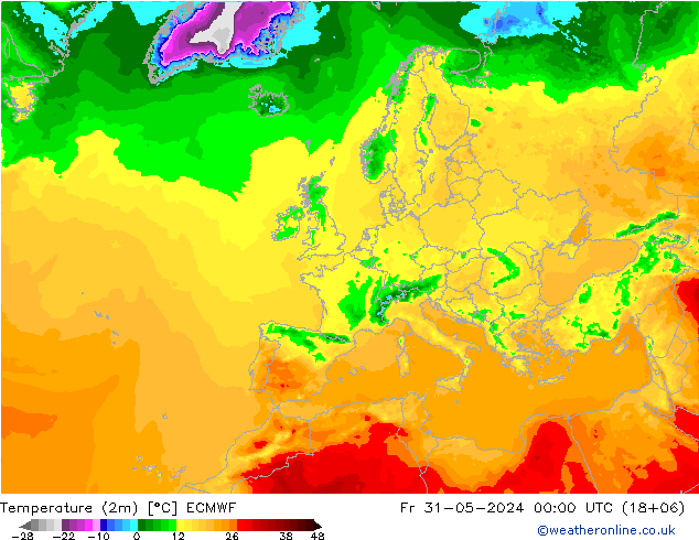 Temperature (2m) ECMWF Pá 31.05.2024 00 UTC