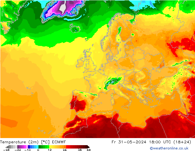 température (2m) ECMWF ven 31.05.2024 18 UTC