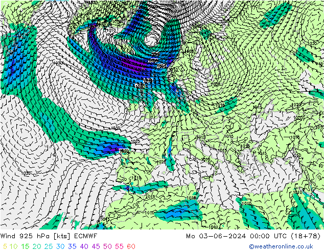 Vento 925 hPa ECMWF lun 03.06.2024 00 UTC