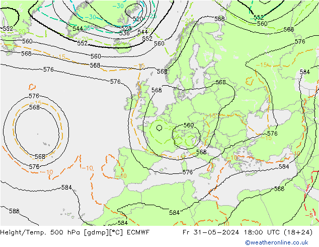 Hoogte/Temp. 500 hPa ECMWF vr 31.05.2024 18 UTC