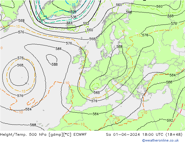 Height/Temp. 500 hPa ECMWF Sáb 01.06.2024 18 UTC