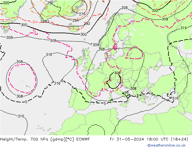 Height/Temp. 700 hPa ECMWF Fr 31.05.2024 18 UTC