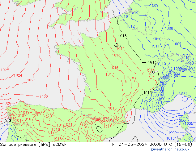 Presión superficial ECMWF vie 31.05.2024 00 UTC