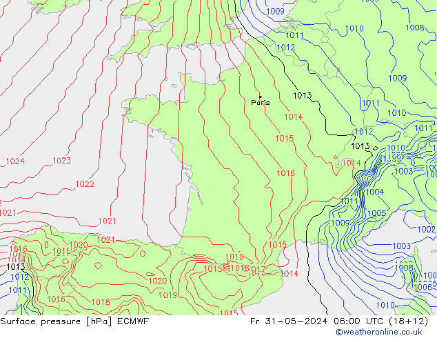 Presión superficial ECMWF vie 31.05.2024 06 UTC