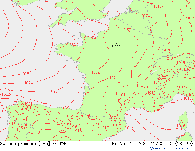 Atmosférický tlak ECMWF Po 03.06.2024 12 UTC