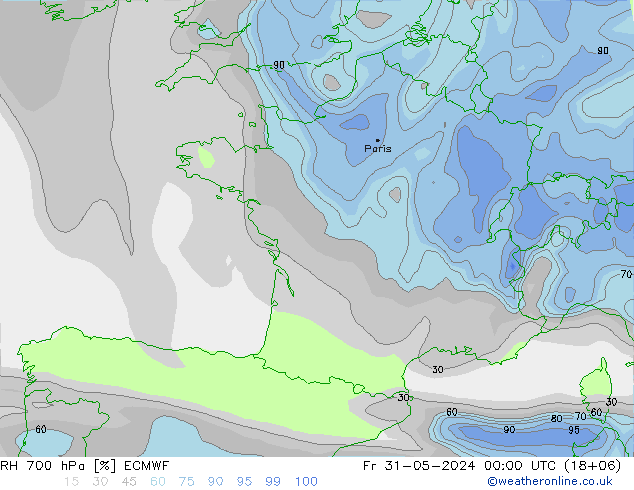 RH 700 hPa ECMWF Pá 31.05.2024 00 UTC