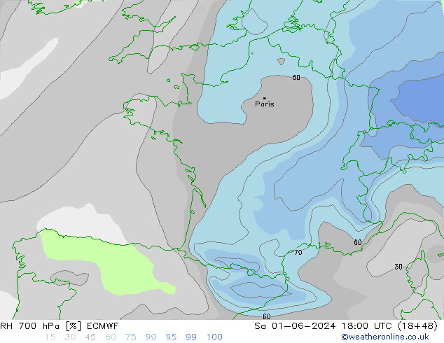 Humidité rel. 700 hPa ECMWF sam 01.06.2024 18 UTC