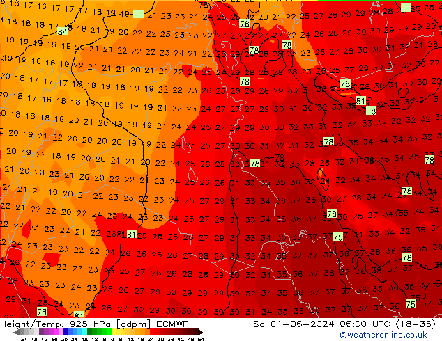 Height/Temp. 925 hPa ECMWF Sa 01.06.2024 06 UTC