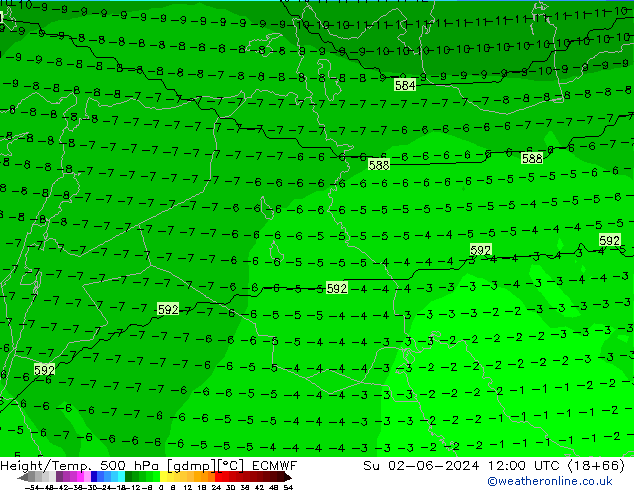 Height/Temp. 500 hPa ECMWF Dom 02.06.2024 12 UTC