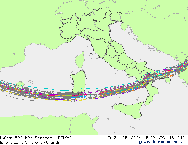 Height 500 hPa Spaghetti ECMWF Sex 31.05.2024 18 UTC