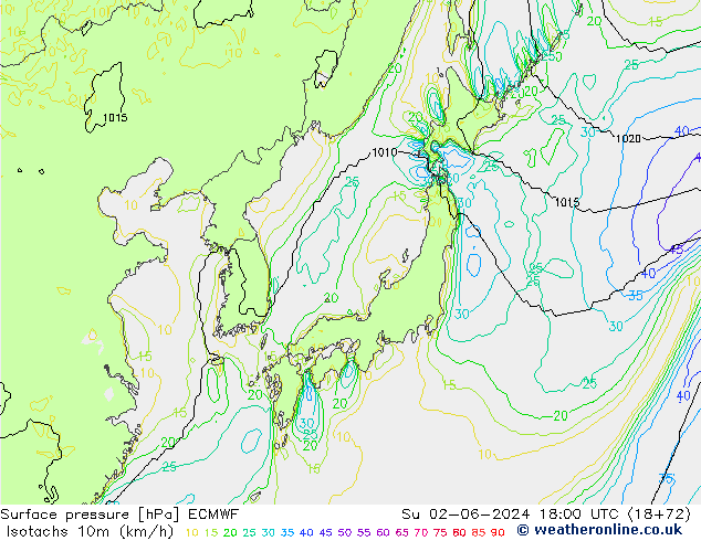 Isotachs (kph) ECMWF Su 02.06.2024 18 UTC