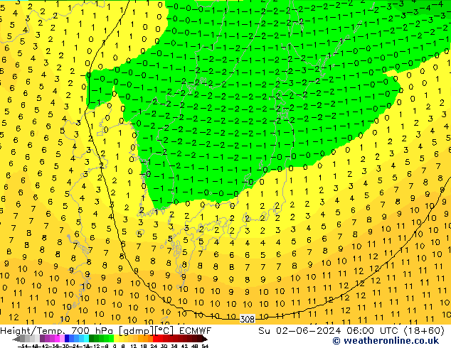 Height/Temp. 700 hPa ECMWF dom 02.06.2024 06 UTC