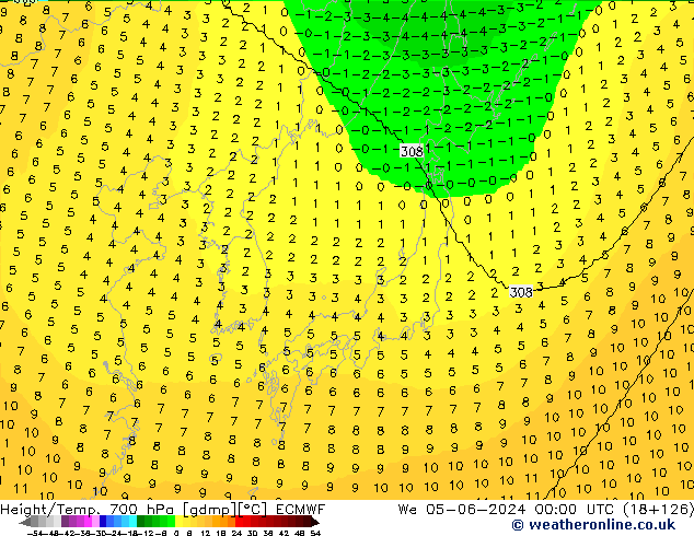 Height/Temp. 700 hPa ECMWF We 05.06.2024 00 UTC