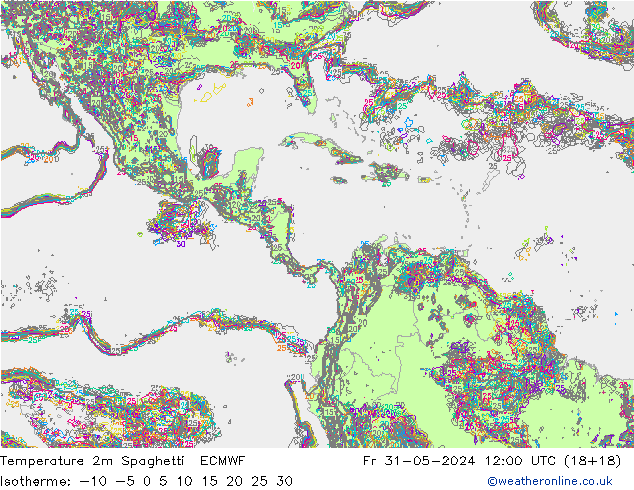 карта температуры Spaghetti ECMWF пт 31.05.2024 12 UTC