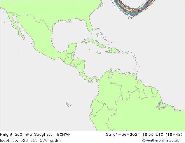 Height 500 гПа Spaghetti ECMWF сб 01.06.2024 18 UTC