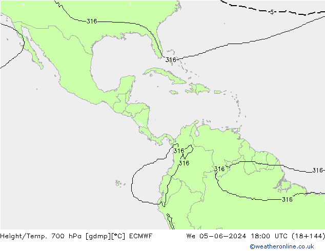 Height/Temp. 700 hPa ECMWF śro. 05.06.2024 18 UTC