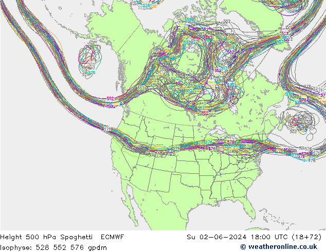 Height 500 hPa Spaghetti ECMWF Dom 02.06.2024 18 UTC