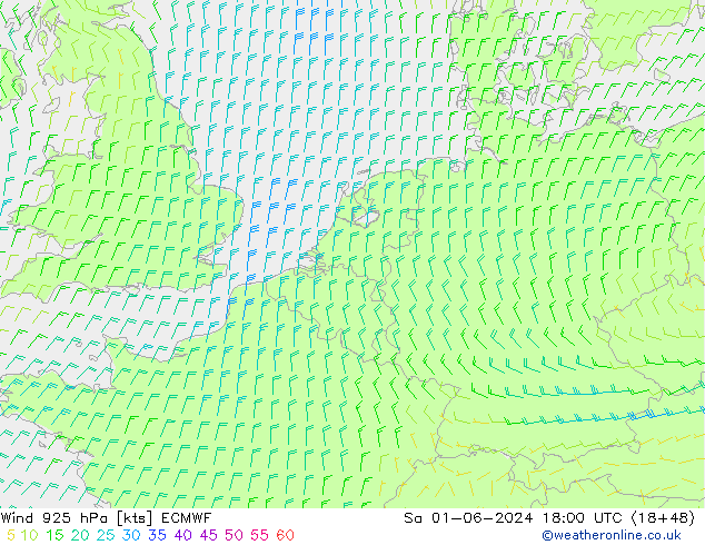 Viento 925 hPa ECMWF sáb 01.06.2024 18 UTC