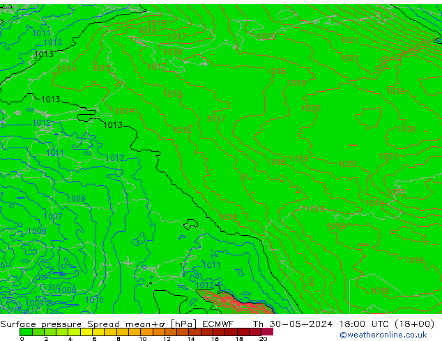 Surface pressure Spread ECMWF Th 30.05.2024 18 UTC
