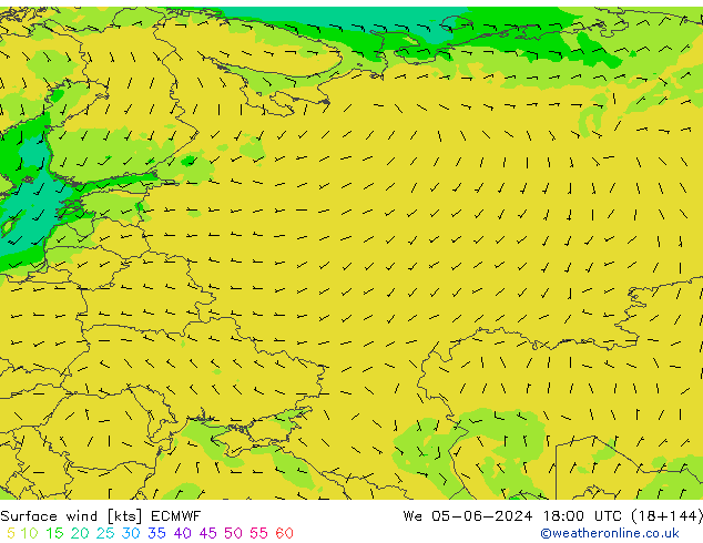 wiatr 10 m ECMWF śro. 05.06.2024 18 UTC