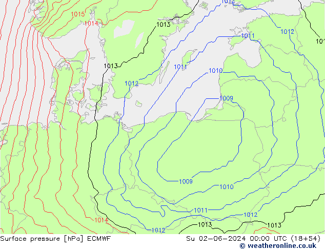 Atmosférický tlak ECMWF Ne 02.06.2024 00 UTC