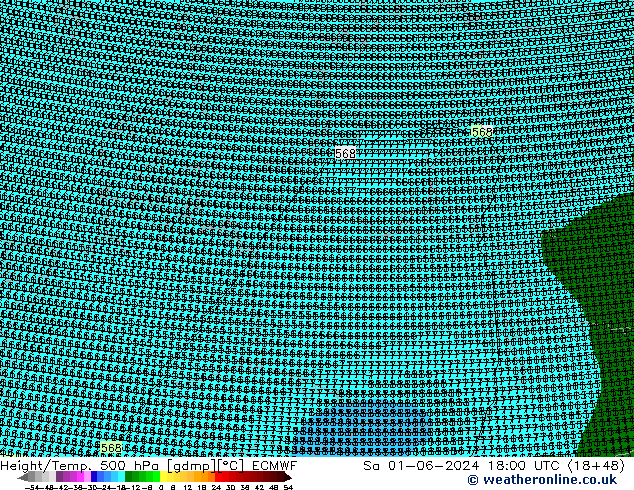 Height/Temp. 500 hPa ECMWF Sa 01.06.2024 18 UTC