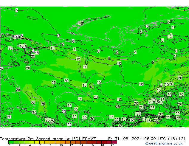 mapa temperatury 2m Spread ECMWF pt. 31.05.2024 06 UTC