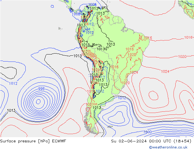 Presión superficial ECMWF dom 02.06.2024 00 UTC