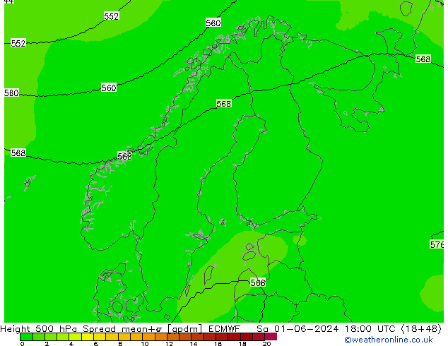 Height 500 гПа Spread ECMWF сб 01.06.2024 18 UTC