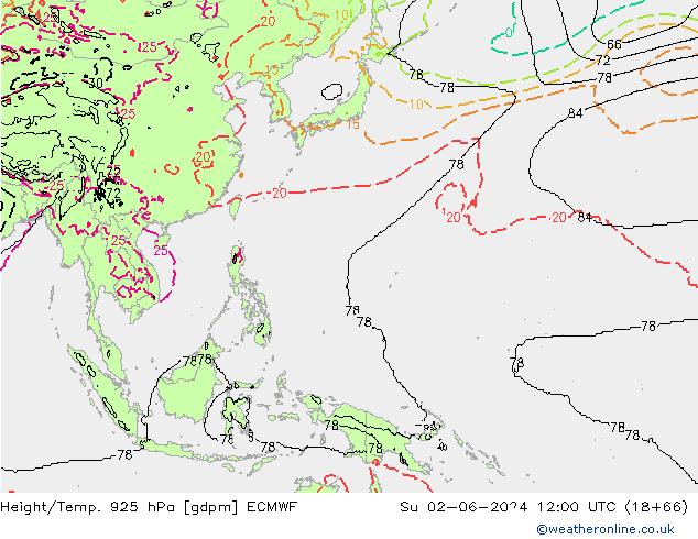 Height/Temp. 925 hPa ECMWF nie. 02.06.2024 12 UTC
