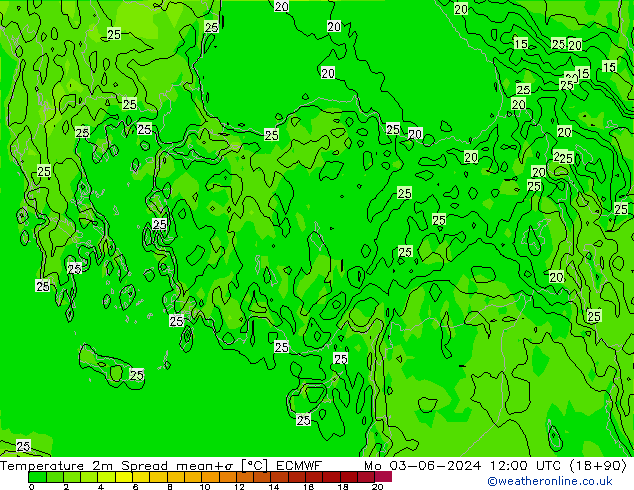 Temperatura 2m Spread ECMWF lun 03.06.2024 12 UTC