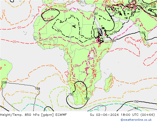 Yükseklik/Sıc. 850 hPa ECMWF Paz 02.06.2024 18 UTC