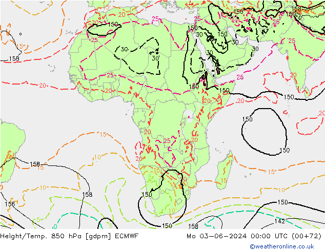 Height/Temp. 850 hPa ECMWF lun 03.06.2024 00 UTC