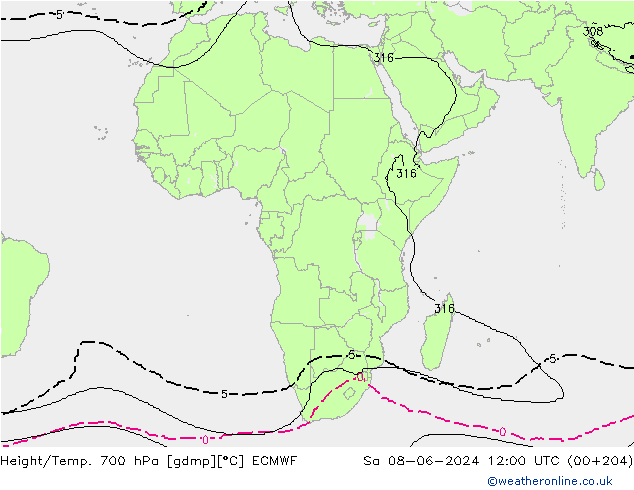 Height/Temp. 700 hPa ECMWF Sa 08.06.2024 12 UTC