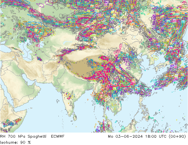 RH 700 гПа Spaghetti ECMWF пн 03.06.2024 18 UTC
