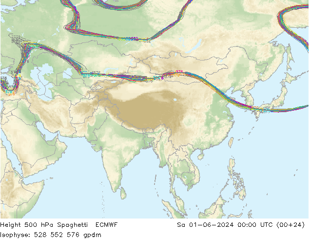 Height 500 hPa Spaghetti ECMWF sab 01.06.2024 00 UTC