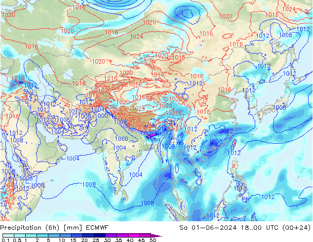 Precipitazione (6h) ECMWF sab 01.06.2024 00 UTC