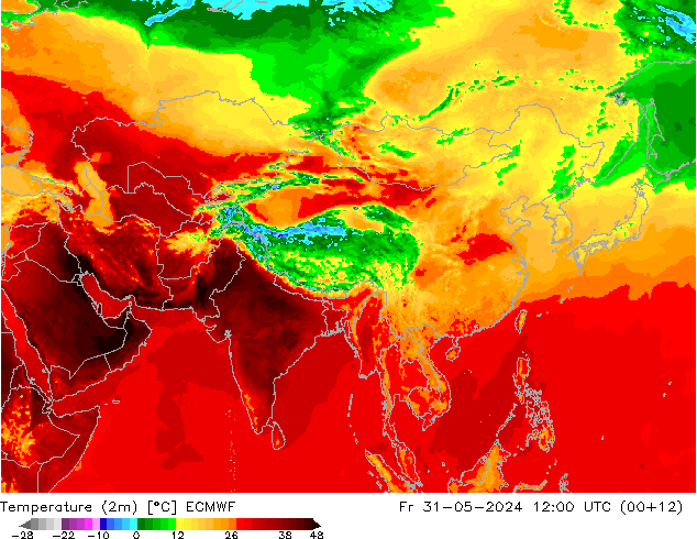 Temperature (2m) ECMWF Pá 31.05.2024 12 UTC