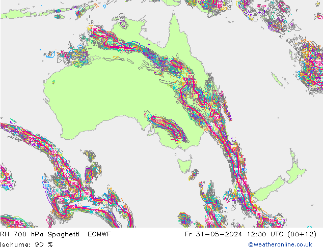 RH 700 hPa Spaghetti ECMWF Pá 31.05.2024 12 UTC