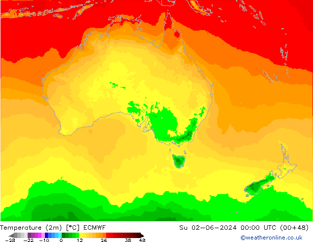 Temperature (2m) ECMWF Su 02.06.2024 00 UTC