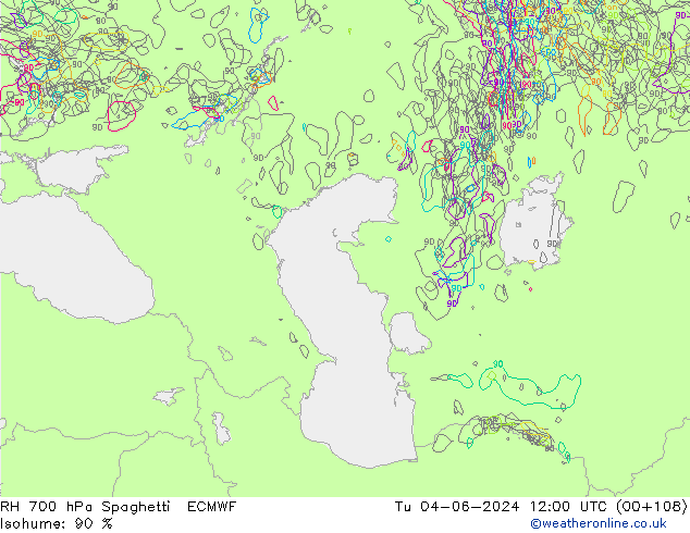 RH 700 hPa Spaghetti ECMWF Tu 04.06.2024 12 UTC