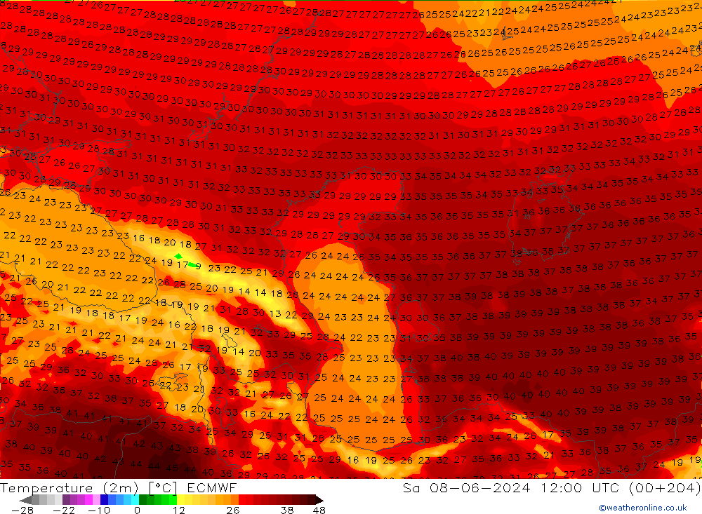 Temperatura (2m) ECMWF sab 08.06.2024 12 UTC