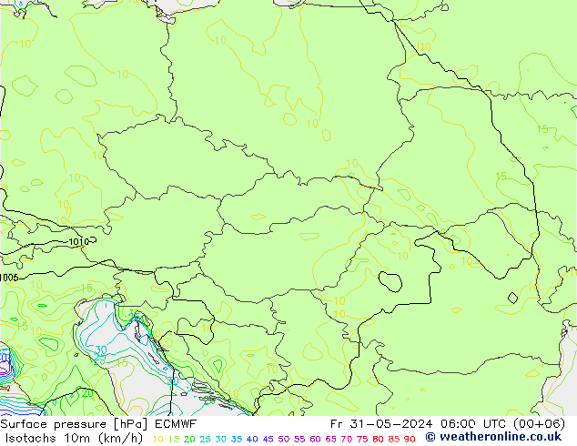 Izotacha (km/godz) ECMWF pt. 31.05.2024 06 UTC