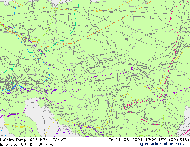 Height/Temp. 925 hPa ECMWF Fr 14.06.2024 12 UTC