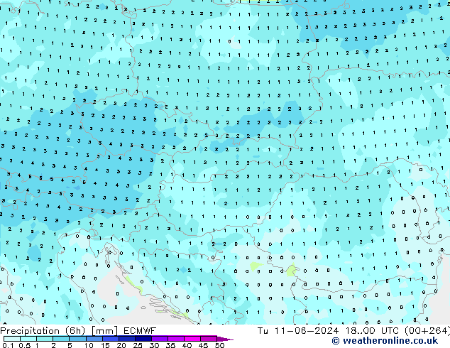 Totale neerslag (6h) ECMWF di 11.06.2024 00 UTC